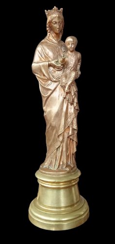 Ancienne Statue Sainte Vierge À L Enfant Bronze Doré Objet De Dévotion 19 Ème