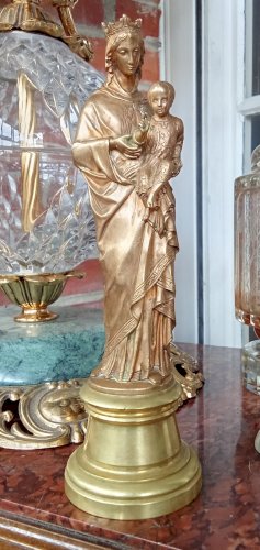 Ancienne Statue Sainte Vierge À L Enfant Bronze Doré Objet De Dévotion 19 Ème