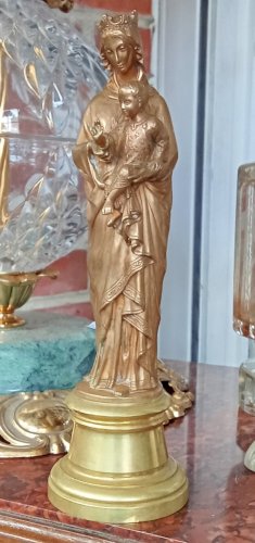 Ancienne Statue Sainte Vierge À L Enfant Bronze Doré Objet De Dévotion 19 Ème