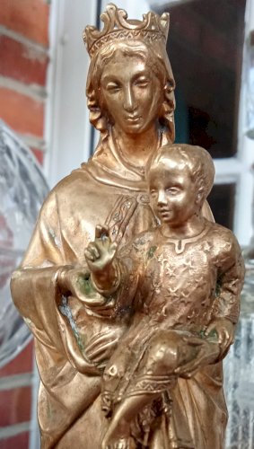 Ancienne Statue Sainte Vierge À L Enfant Bronze Doré Objet De Dévotion 19 Ème