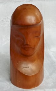 Old Wooden Woman Bust Sculpture Statue