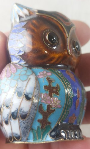 Ancienne statuette, chouette, en émail cloisonné