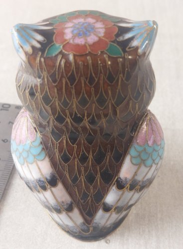 Ancienne statuette, chouette, en émail cloisonné