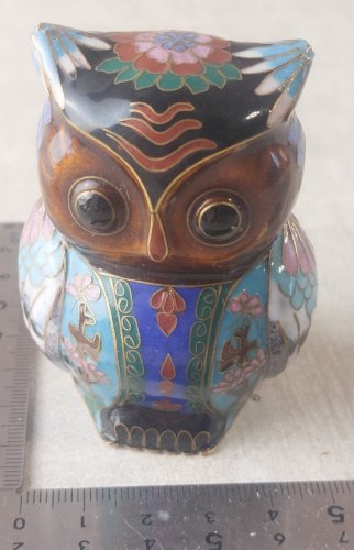 Ancienne statuette, chouette, en émail cloisonné