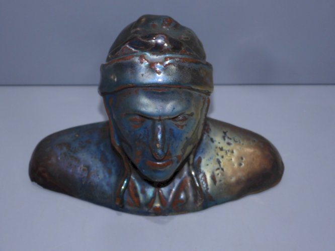 -ANCIENNE STATUETTE DANTE TERRE CUITE COUVERTE EMAILLEE METALLIQUE COLLECTION  D