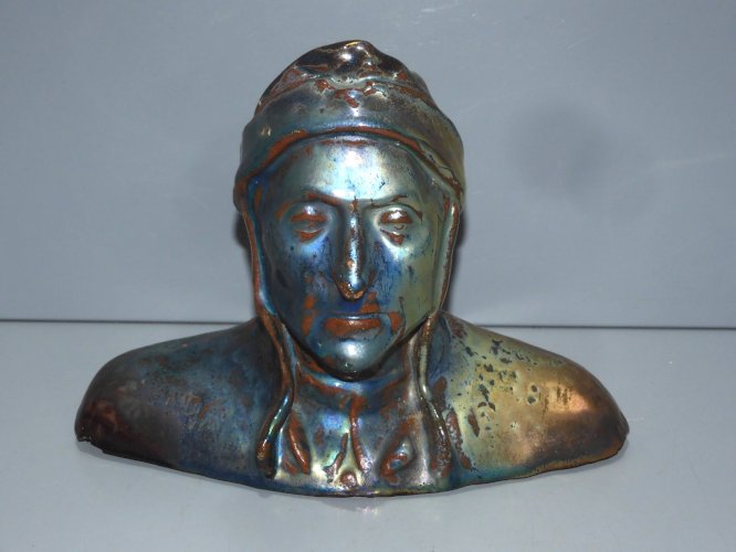 -ANCIENNE STATUETTE DANTE TERRE CUITE COUVERTE EMAILLEE METALLIQUE COLLECTION  D