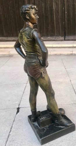 Ancienne Statut Sculpture Régule Haltérophile Xixe Siècle Signé Bouret Vintage