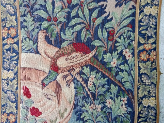 Ancienne tapisserie d Halluin Décor Couple Faisans Buvant À La Fontaine