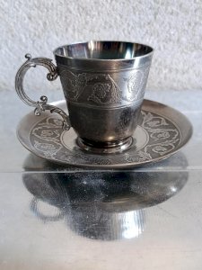 old white metal cup and saucer 1st quality around 1920 in good condition