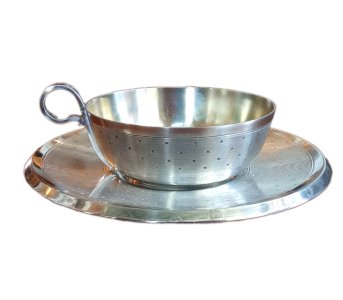 Old Silver-Plated Cup and Saucer Saint Médard with Guilloché Pattern