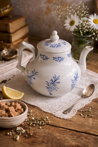 Ancienne théière Saint-Uze – Faïence française bleu & blanc – XIXᵉ/XXᵉ – 18 cm