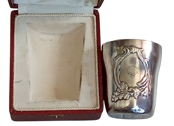 Ancienne Timballe Gobelet Baptême Monogrammes CJ Argent Massif Boulenger