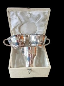Ancienne Timballe Tasse Baptême Métal Argenté Noël Collet Modèle Coquille 3 Pcs