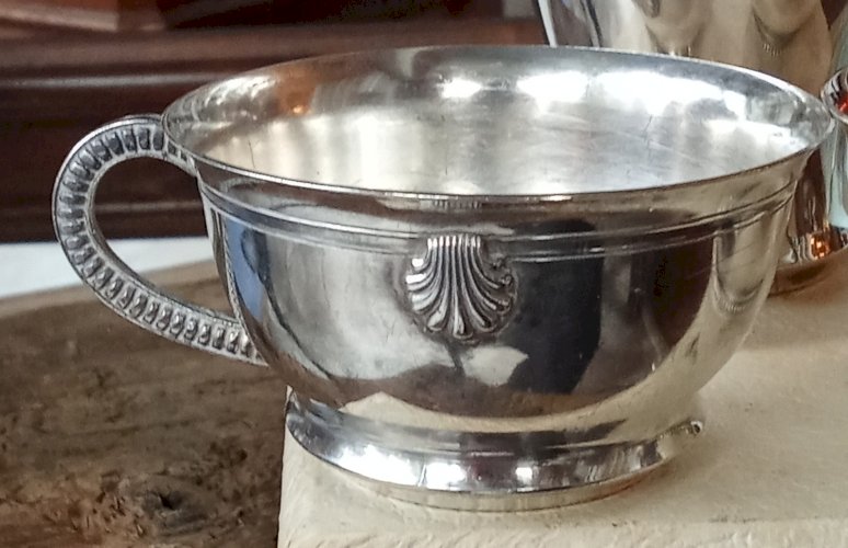 Ancienne Timballe Tasse Baptême Métal Argenté Noël Collet Modèle Coquille 3 Pcs