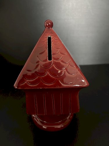 ancienne Tirelire à casser Céramique rouge design moulin à vent France vintage