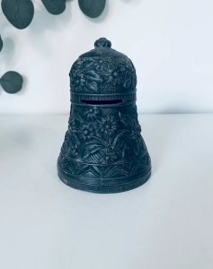 Ancienne tirelire cloche en régule plomb art populaire fleurs XIXe vintage