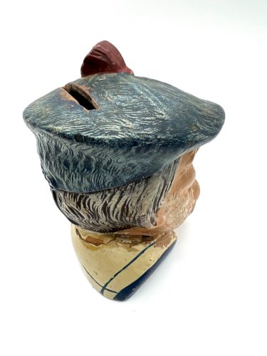 Ancienne Tirelire Peinte à la Main – Tête de Vieux Marin au Béret – Vers 1900