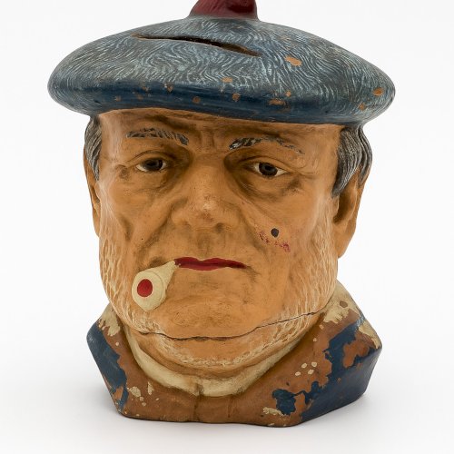 Ancienne Tirelire Peinte à la Main – Tête de Vieux Marin au Béret – Vers 1900