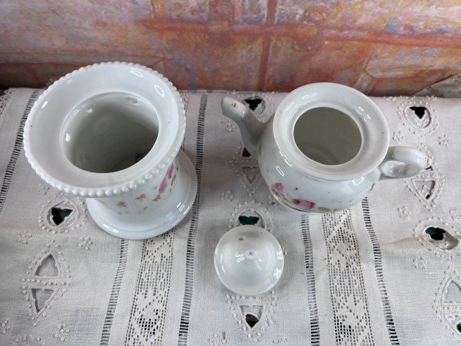 Ancienne tisanière en faïence française – Réchaud et pichet – XVIIIe / XIXe