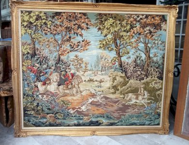 Ancienne Très Grande tapisserie broderie canevas Scène Chasse Cadre Doré Château