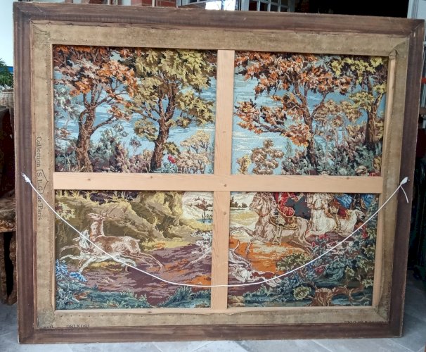 Ancienne Très Grande tapisserie broderie canevas Scène Chasse Cadre Doré Château
