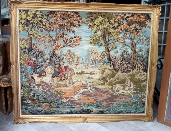 Ancienne Très Grande tapisserie broderie canevas Scène Chasse Cadre Doré Château