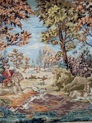 Ancienne Très Grande tapisserie broderie canevas Scène Chasse Cadre Doré Château