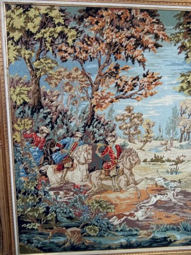 Ancienne Très Grande tapisserie broderie canevas Scène Chasse Cadre Doré Château
