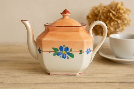 Old porcelain jug from Paris, 19th century – blue floral decoration – salmon tones