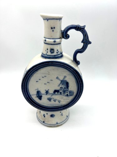 Ancienne verseuse gourde Delft – faïence hollandaise bleu & blanc – décor moulin