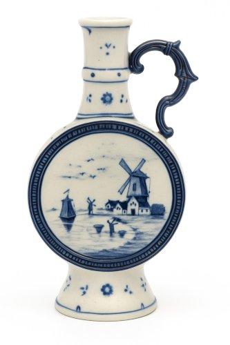 Ancienne verseuse gourde Delft – faïence hollandaise bleu & blanc – décor moulin