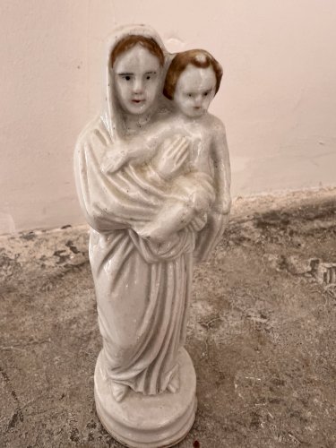 Ancienne, Vierge à l’enfant statuette XIXe siècle religion biscuits, émaillée,