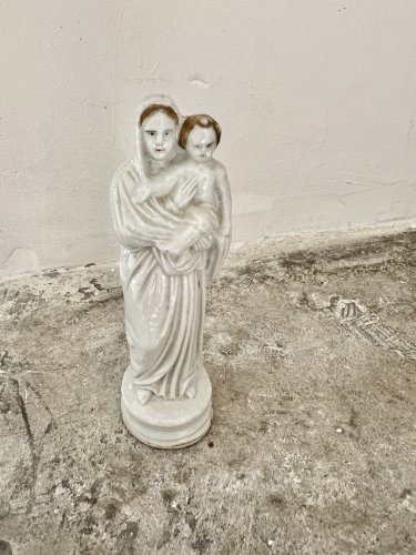 Ancienne, Vierge à l’enfant statuette XIXe siècle religion biscuits, émaillée,