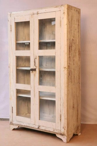 Ancienne vitrine en teck birman patine blanché-écrue