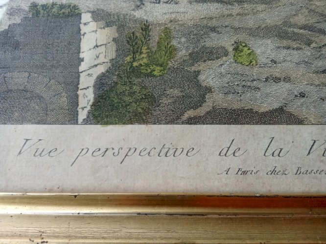 Ancienne vue d optique perspective de la ville et du pont de Rouen 18 Ème