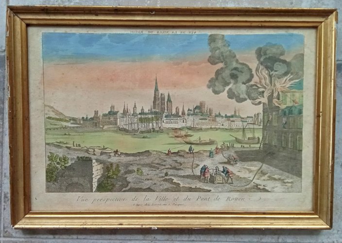 Ancienne vue d optique perspective de la ville et du pont de Rouen 18 Ème
