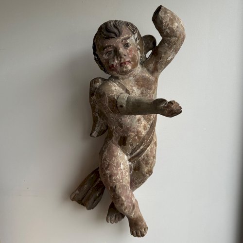 Angelot en bois sculpté polychrome XVIIe M3516