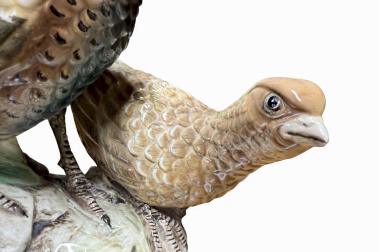 Antique Belgian ceramic pheasant couple polychrome Boch La Louvière