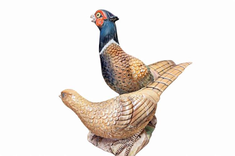 Antique Belgian ceramic pheasant couple polychrome Boch La Louvière