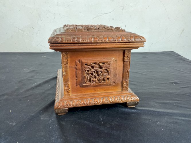 Antique Chinese Canton Qing Carved Wooden Jewelry Box 19th C 广东十三行精品檀香盒 Lock Key