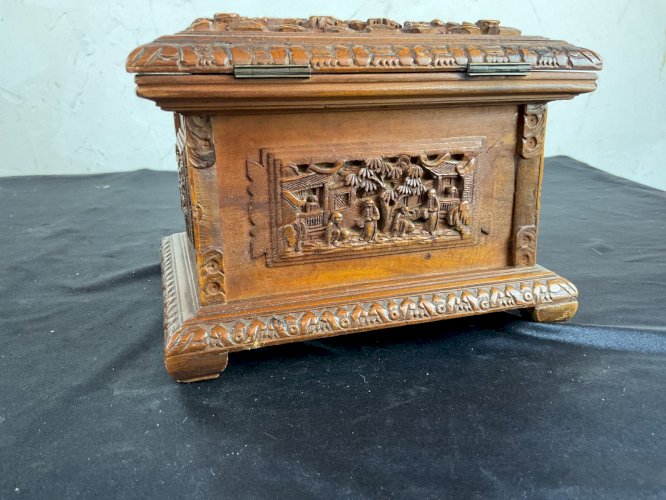 Antique Chinese Canton Qing Carved Wooden Jewelry Box 19th C 广东十三行精品檀香盒 Lock Key