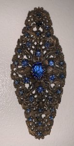 Antique large baroque brooch bronze rhinestones sapphire 19th century