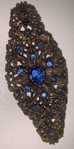 Antiquité grande broche baroque bronze strass saphir XIXe