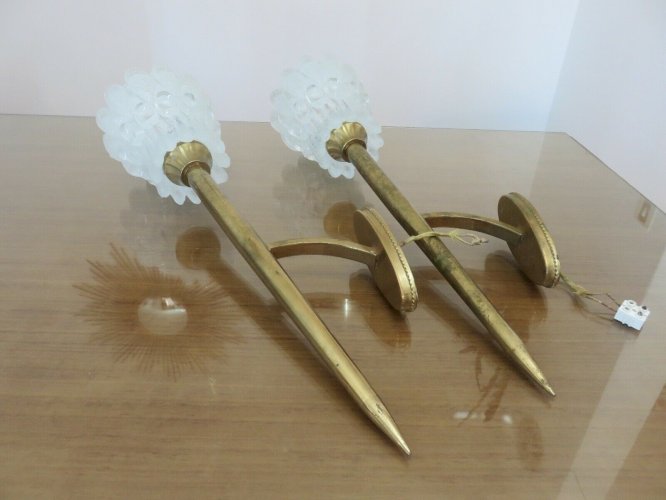APPLIQUES TORCHERES EN VERRE DE MURANO ET LAITON PAR J.T. KALMAR 1960 AUTRICHE. 