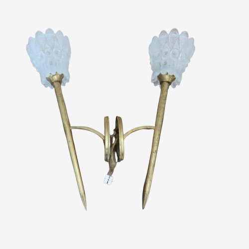 APPLIQUES TORCHERES EN VERRE DE MURANO ET LAITON PAR J.T. KALMAR 1960 AUTRICHE. 