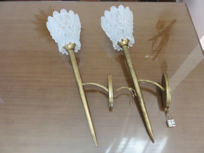 APPLIQUES TORCHERES EN VERRE DE MURANO ET LAITON PAR J.T. KALMAR 1960 AUTRICHE. 