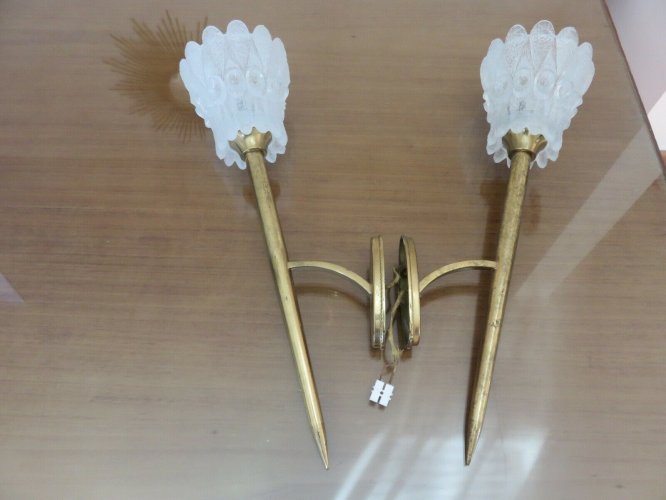 APPLIQUES TORCHERES EN VERRE DE MURANO ET LAITON PAR J.T. KALMAR 1960 AUTRICHE. 
