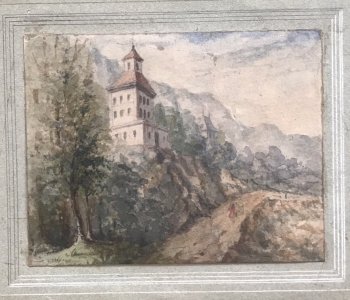 Aquarelle Ancienne Sur Papier XIXème Paysage Avec Personnage Bucolique Decoratif