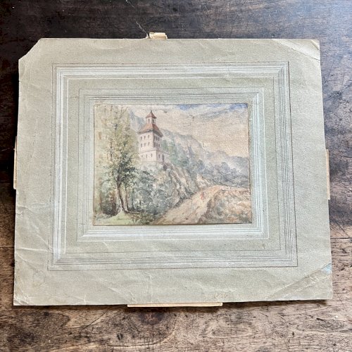 Aquarelle Ancienne Sur Papier XIXème Paysage Avec Personnage Bucolique Decoratif