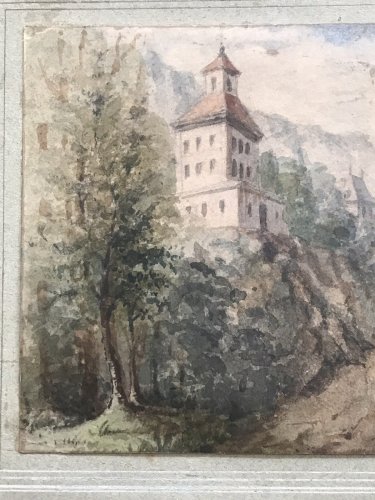 Aquarelle Ancienne Sur Papier XIXème Paysage Avec Personnage Bucolique Decoratif